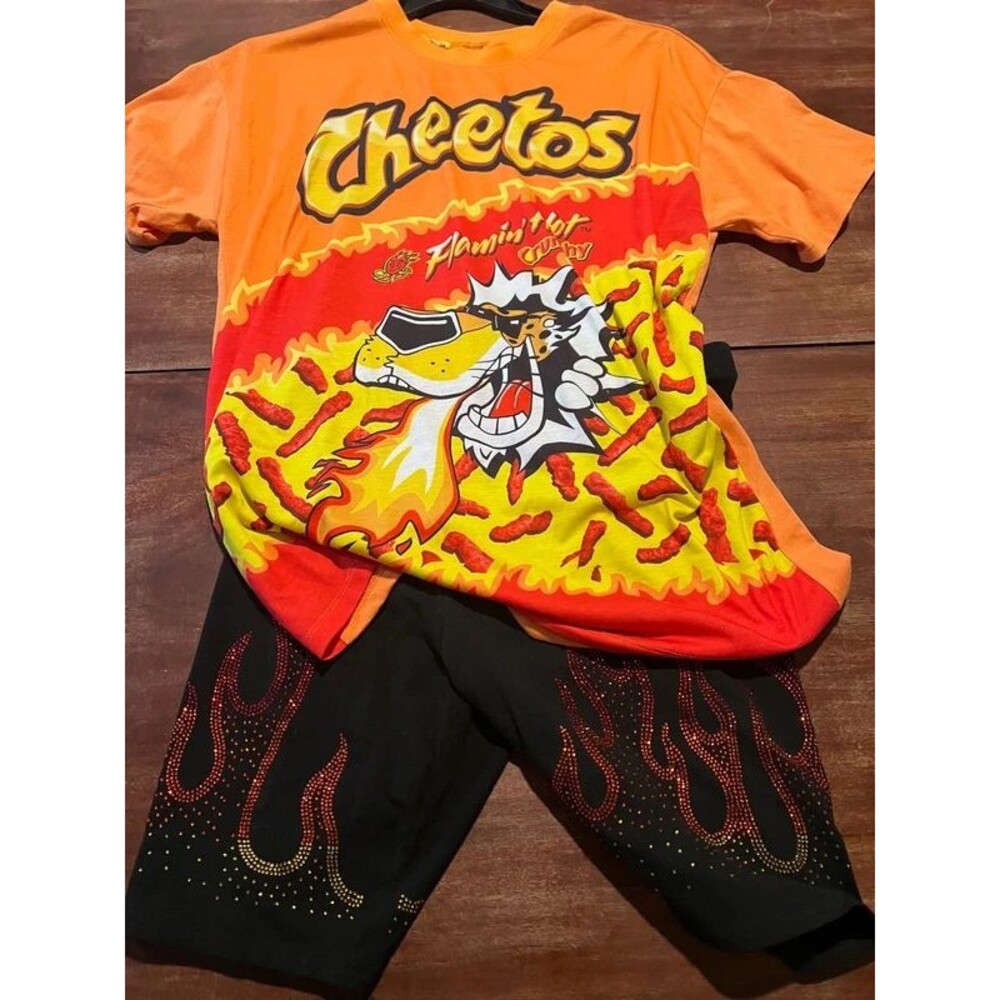 Two piece Cheetos, flaming hot outfit collab with forever 21 sz L